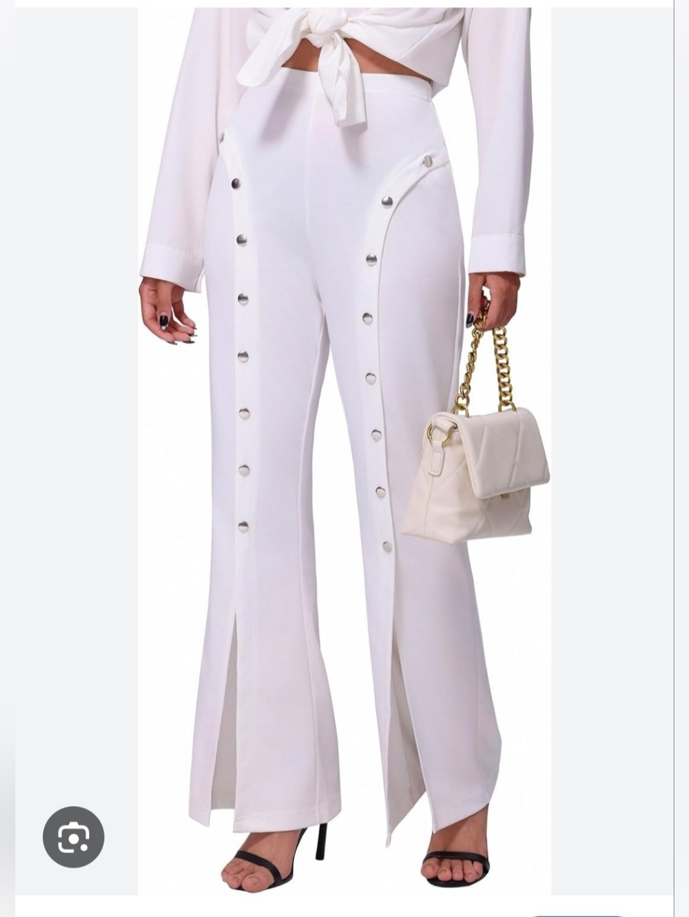 High-Waist White Button-Trim Wide Leg Pants